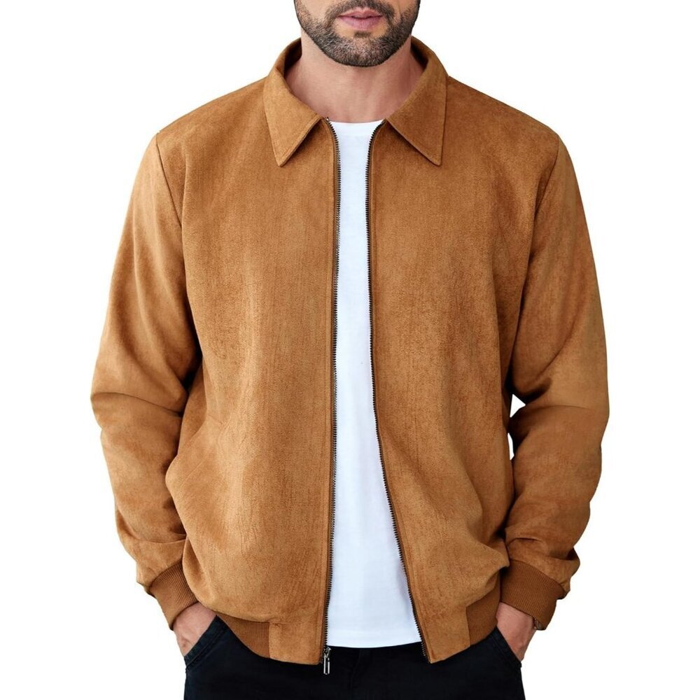 Men's Light Brown Casual Lightweight Bomber Jacket Zip Up Faux Vintage Leather